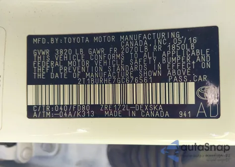 2016 Toyota Corolla S Plus из США, поврежденный, VIN 2T1BURHE7GC676561